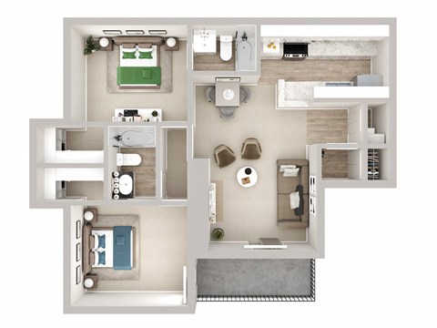 Floor plan for 2 beds, 2 baths, 942 sqft